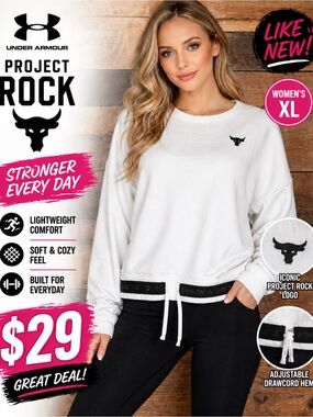 Under Armour White Project Rock Women's Crewneck Sweatshirt with Black Logo Trim